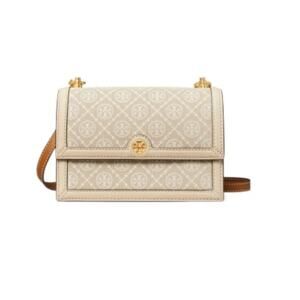 Tory Burch T Monogram Jaquared Cream Canvas Shoulder Bag - Pre-Owned